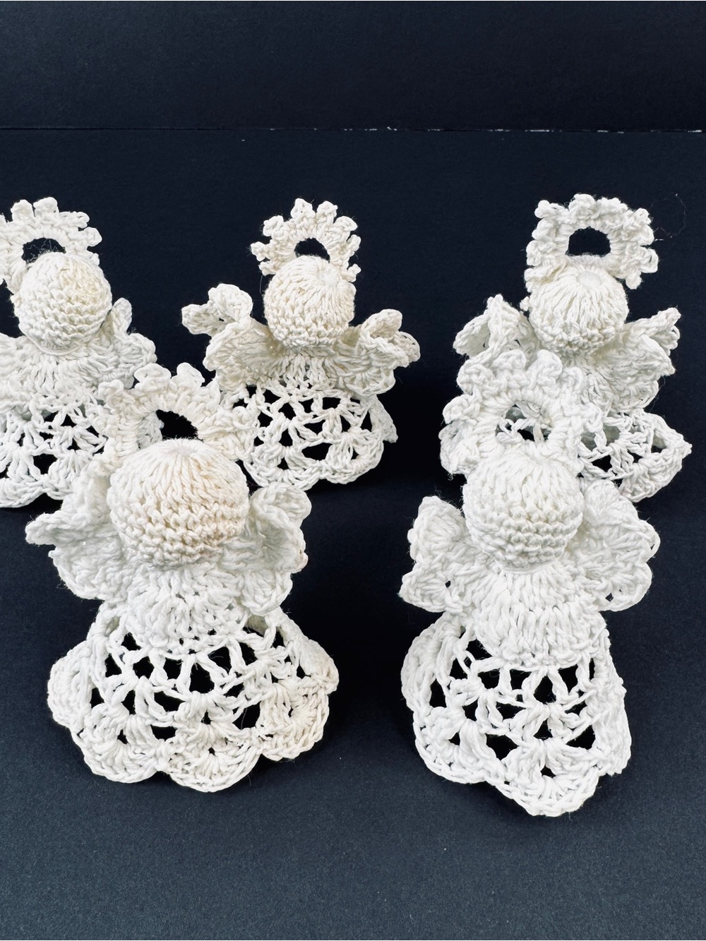 Vintage Christmas Angels Ornaments Hand Made Crochet Set of 5 White Knit